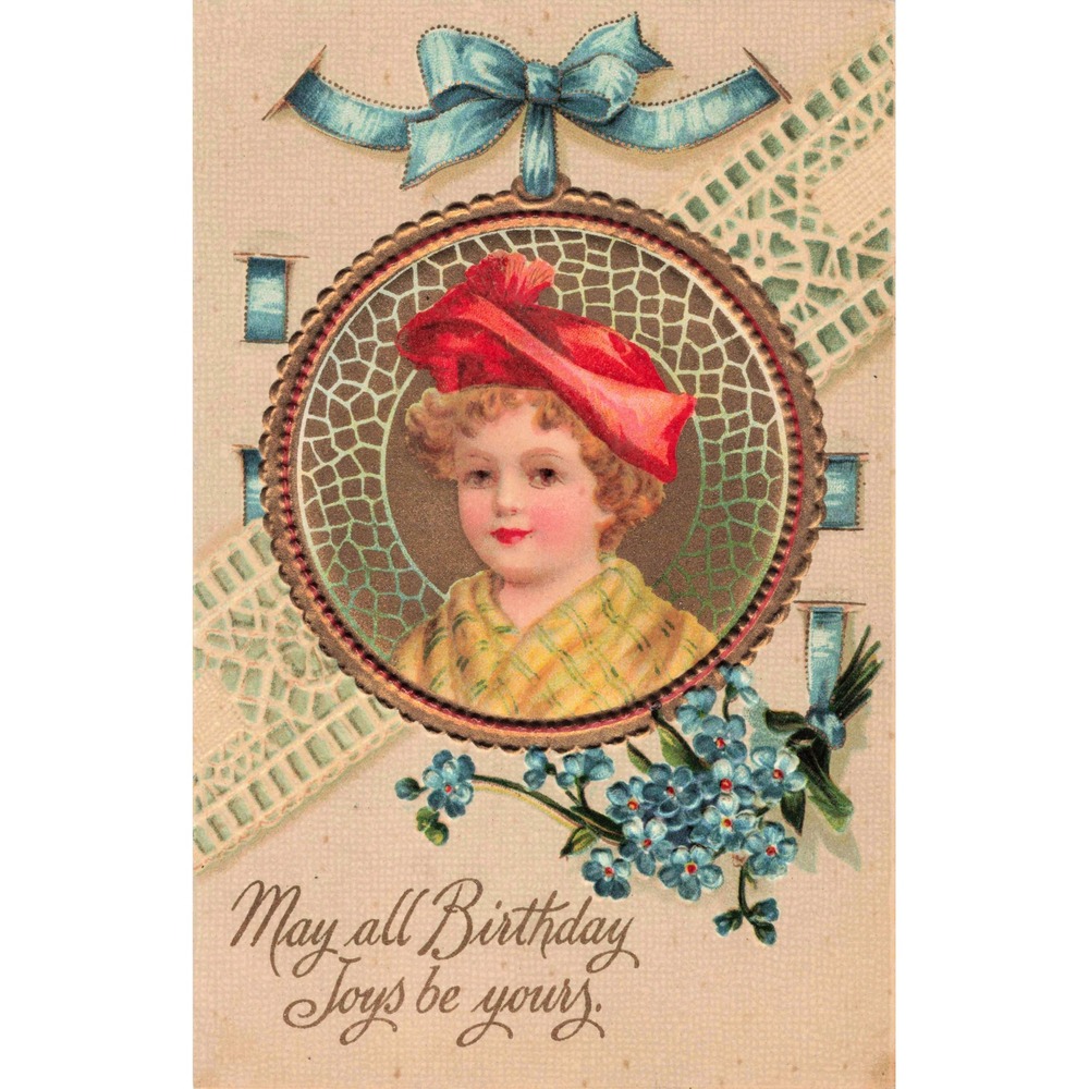 Birthday Postcard Girl in Red Hat Forget Me Nots Embossed 1908 Antique Germany